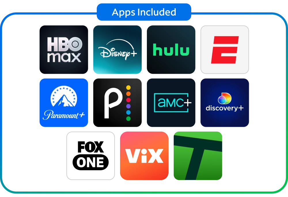 Streaming apps included with Spectrum TV plans, such as HBO Max, Disney+, Hulu, ESPN, Paramount+, Peacock, AMC+, discovery+, FOX One, ViX and Tubi