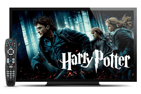 A TV Screen displaying Harry Potter with a remote standing next to it.